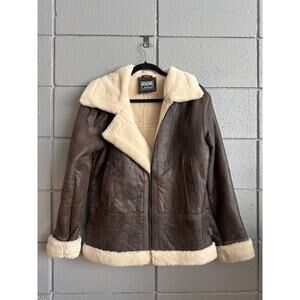 Vintage 100% Brown Leather Shearling Bomber Jacket